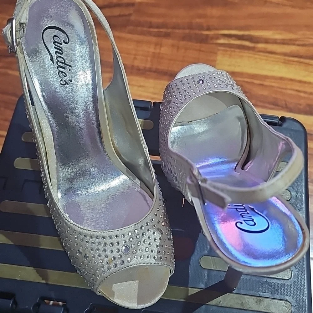Candie's Rhinestones Embellished Open Toe Sling Back Stilletoes Silver 8.5M